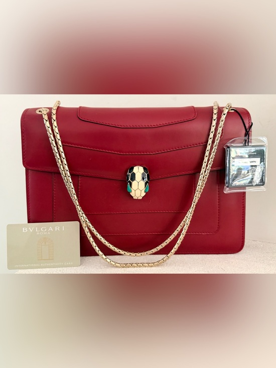 BVLGARI Handbags - BVLGARI Serpenti Forever Ruby Red Leather Shoulder Bag Snake Chain Pristine